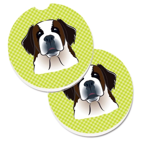 Carolines Treasures Checkerboard Lime Green Saint Bernard Set of 2 Cup Holder Car Coaster BB1308CARC